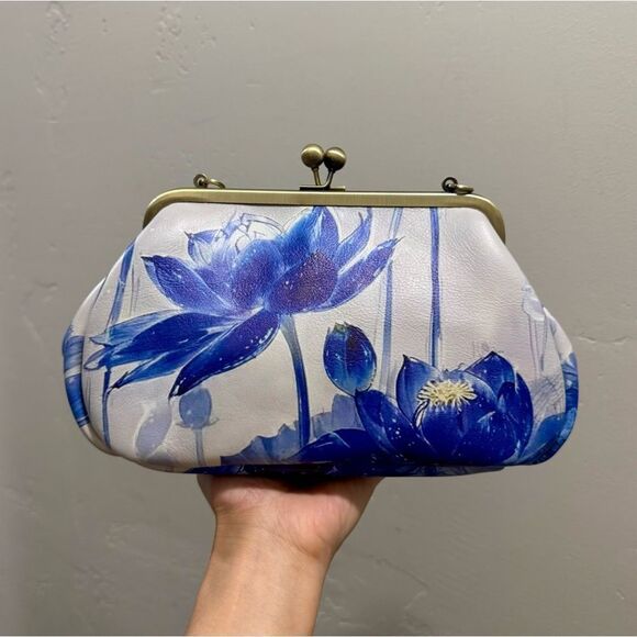 Vintage Style Handmade Cowhide Leather Lotus Print Kisslock Purse, Multi Use Bag - Picture 2 of 13
